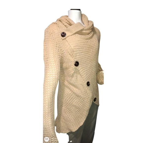 Cowl Neck with Button Detail Long Sleeve Faux Wrap Sweater Cardigan Size Small - Picture 6 of 12
